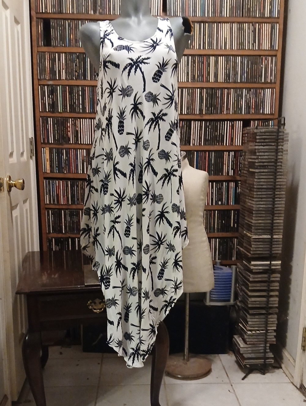 Exist White Midi Dress with Black Palm & Pineapple Print,one Sz.fits Most